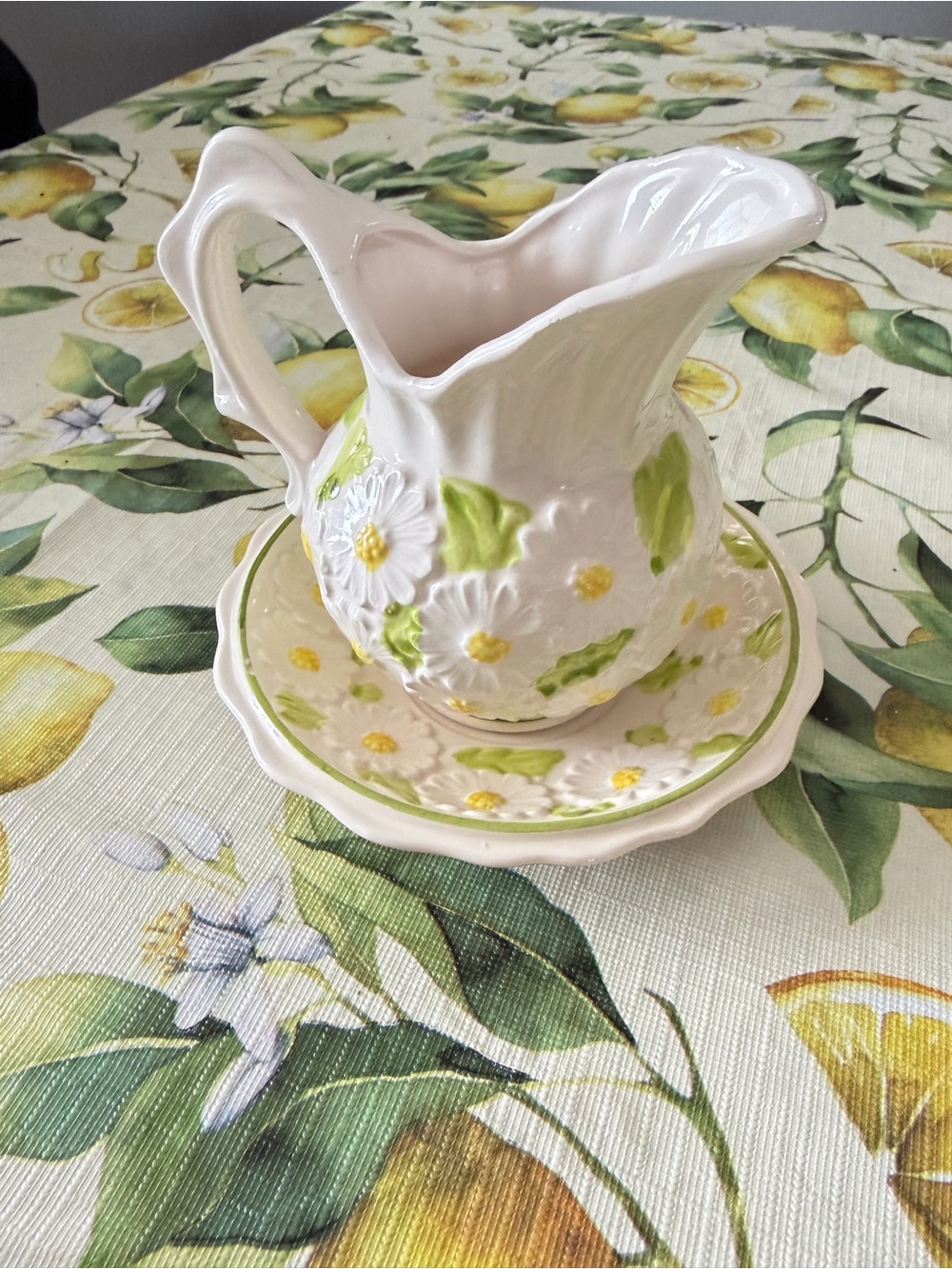 Enesco Cream Ceramic Daisy Pitcher & Saucer with Yellow and Green Accents